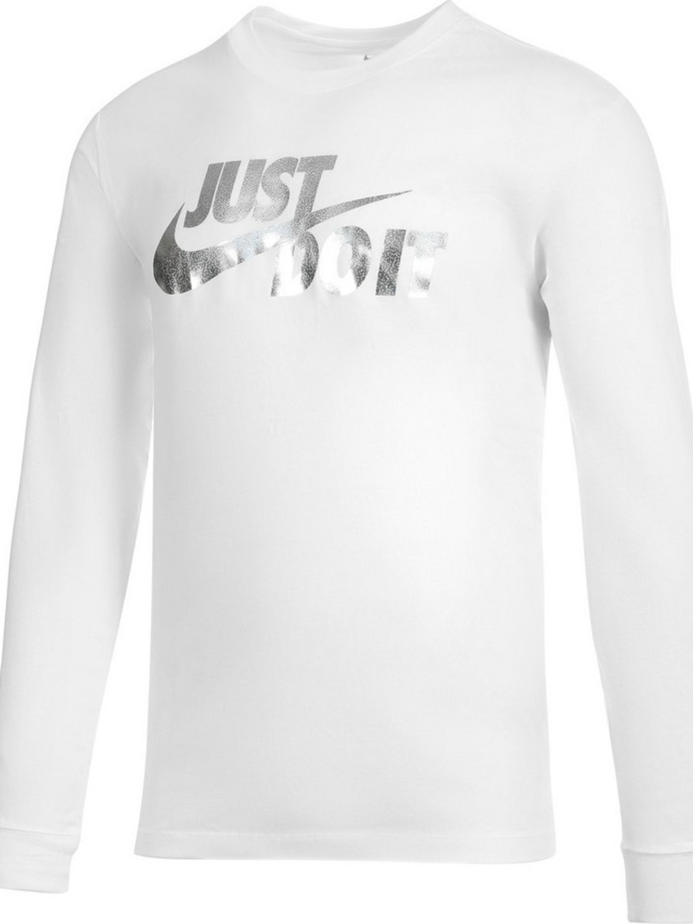 Nike White Long-Sleeve Shirt with Metallic Silver 'Just Do It' Logo